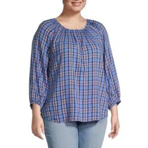 St John's Bay Women’s Shirt Plus Size 3X Blue Check Off Shoulder Blouse NWT